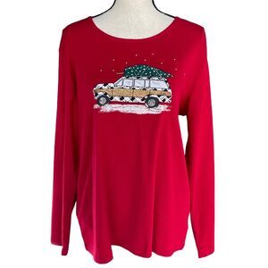 Karen Scott 0X-Large Top Holiday Christmas Long Sleeve Car Tree Glitter Stretch